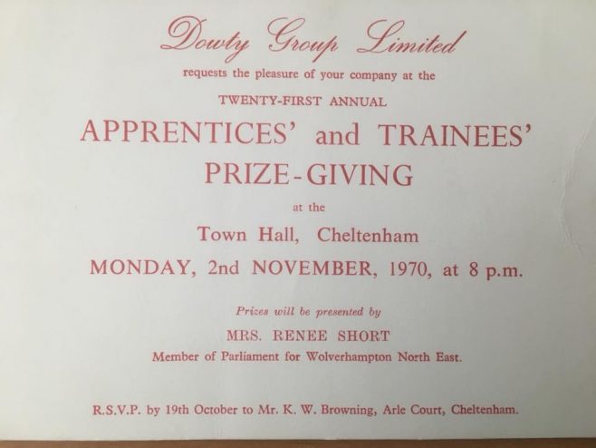 Invitation to Apprentice Prize-giving at Cheltenham Town Hall 1970 | J W Redfern