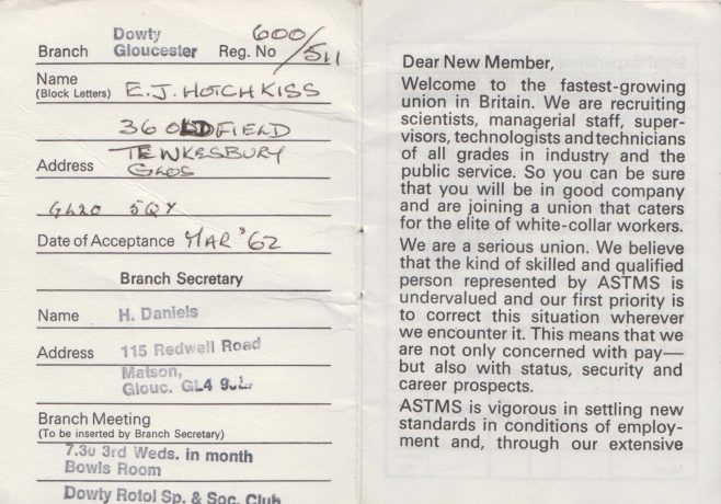 ASTMS Union Card belonging to Ted Hotchkiss of Dowty Mining Equipment | Thanks to Sue Daly
