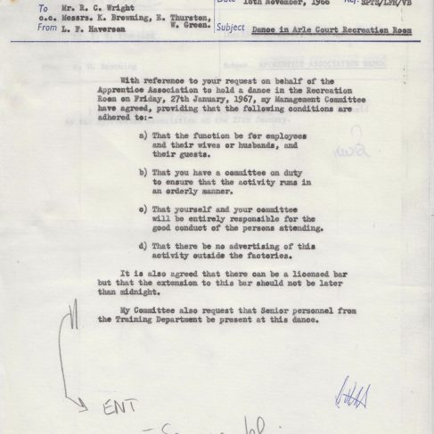Dowty Apprentice Association - Memo regarding Dowty Apprentice Annual Dance 1967 | Original photo in the Dowty archive at the Gloucestershire Heritage Hub