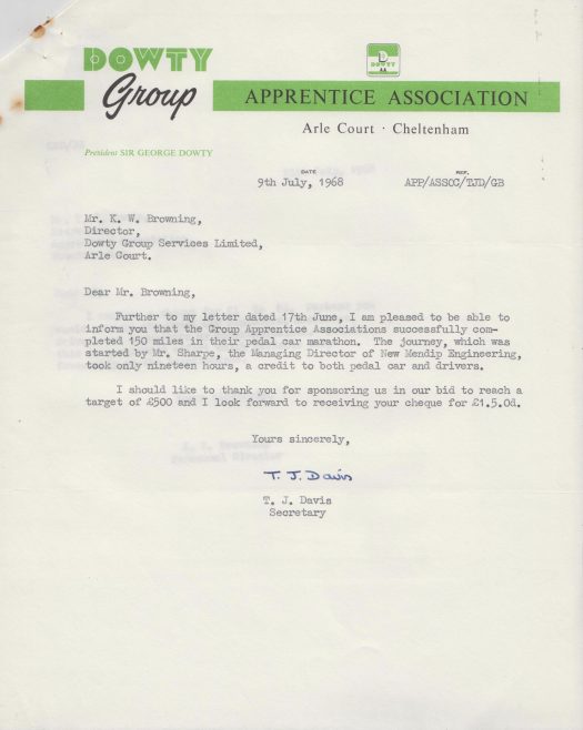 Dowty Apprentice Association - Memo regarding Pedal Car Marathon by New Mendip Engineering Apprentices July 1968 | Original photo in the Dowty archive at the Gloucestershire Heritage Hub
