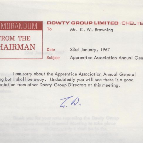 Dowty Apprentice Association - Memo regarding Apprentice AGM Jan 1967 | Original photo in the Dowty archive at the Gloucestershire Heritage Hub
