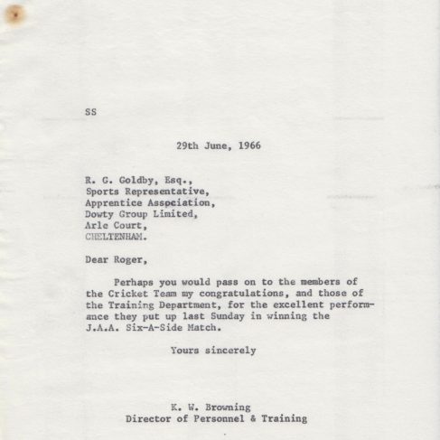 Dowty Apprentice Association - Memo regarding Dowty Apprentice Cricket Event 1966 | Original photo in the Dowty archive at the Gloucestershire Heritage Hub