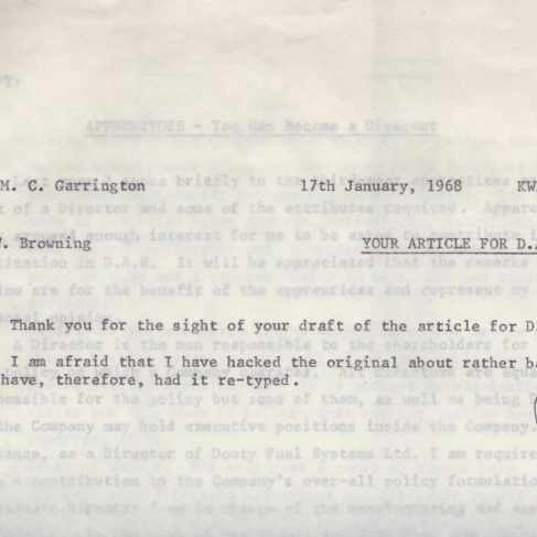 Dowty Apprentice Association - Memo regarding Dowty Apprentice News 1968 | Original photo in the Dowty archive at the Gloucestershire Heritage Hub
