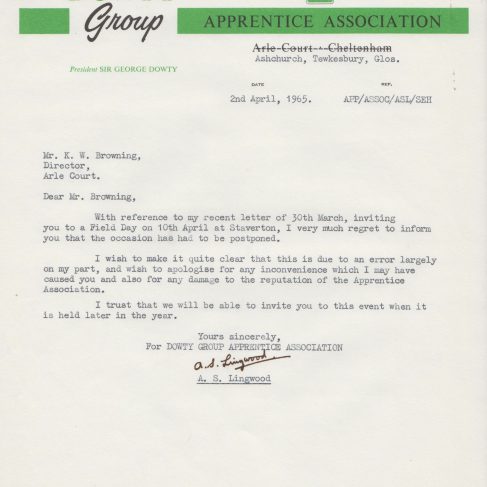 Dowty Apprentice Association - Memo regarding Dowty Apprentices Field Day 1965 | Original photo in the Dowty archive at the Gloucestershire Heritage Hub