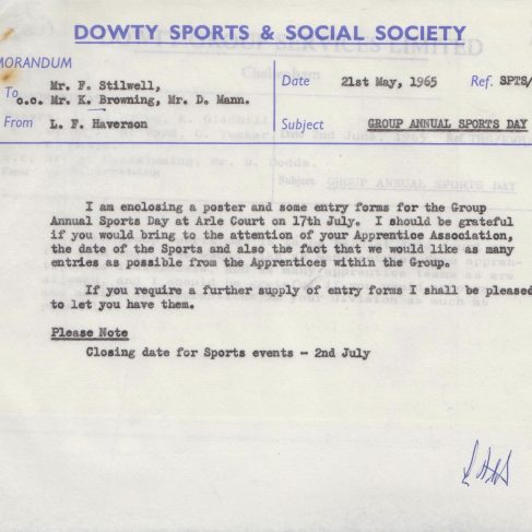 Dowty Apprentice Association - Memo regarding Dowty Group Annual Sports Day 1965 | Original photo in the Dowty archive at the Gloucestershire Heritage Hub