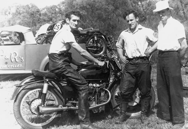 Bruce Traynor on bike, Ken & Merv Waggott, Bathurst 1950. KTT930.2 | Dennis Quinlan